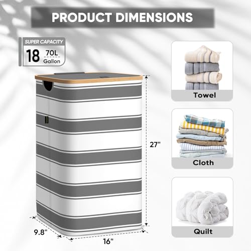 Image of BALEINE Laundry Hamper with Lid, Tall Laundry Baskets with Bamboo Pull Handles, Large Laundry Bin with Internal Support (18 Gal /70L, Grey Stripe)