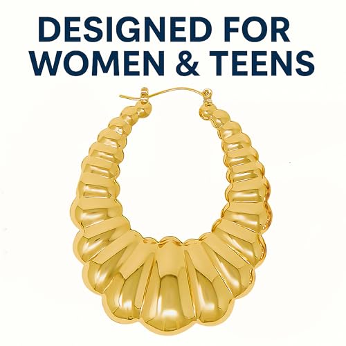 Gold Plated Hoop Earrings for Women – 2 Inch Oval Shaped Shrimp Puffy Scalloped Door Knocker Style – Women's Fashion Jewelry with Box3