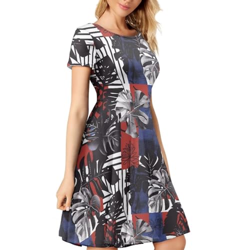 Image of HUGS IDEA Womens Puffy Swing Midi Dress Round Neck Short Sleeve Party A-Line Dresses