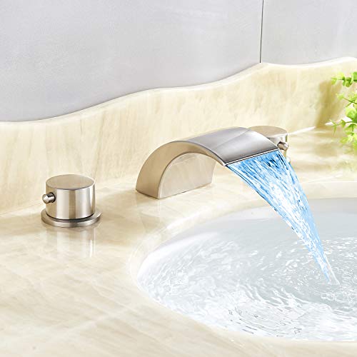 Senlesen Commercial 3 Holes Two Handles Lavatory Vanity Sink LED Waterfall Spout Widespread Bathroom Sink Faucet Brushed Nickel