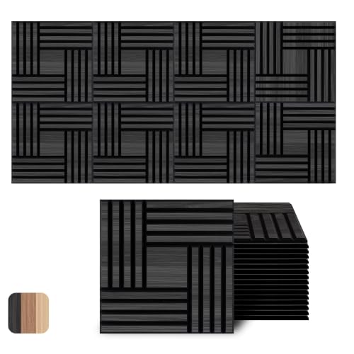Image of WoveN SounD Acoustic Wall Panels, Black Oak, 16 Pack, 12x12 in | Self-Adhesive, NRC 0.95, Carved Pattern, Sound Proof, Echo Reduction, Sound Dampening, Home Studio, Office, Gaming Room