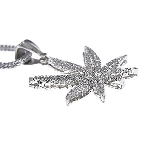 Bling Cartel Marijuana Silver Tone Iced Leaf Cannabis Pot Weed Pendant 36 in Franco Hip Hop Chain Necklace2