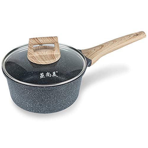 OQHAIR Maifan Stone Non-Stick Sauce Pan with Glass Lid Soup Pot with Wood Steamer (7 Inch)/Single Pot