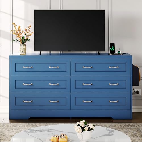 DWVO Farmhouse 6 Drawer Dresser for Bedroom, 59" Wide Modern Dresser TV Stand with Large Drawers & Bar Handles, Storage Dressers with Power Outlets, Rustic Wood Chest of Drawers, Blue