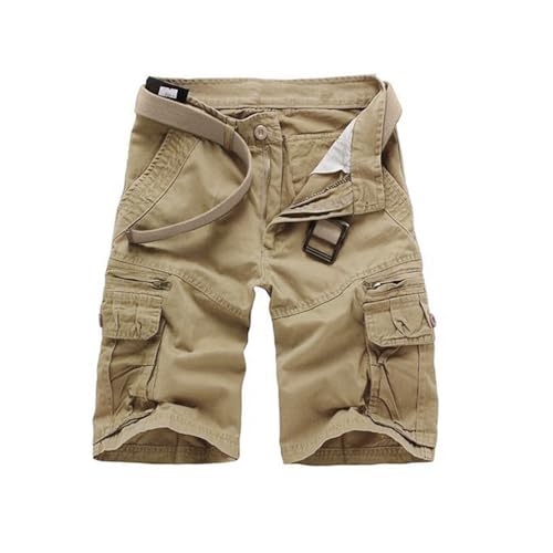 Mens Cotton Cargo Shorts Multi-Pocket Design Khaki Black Grey Green Color Casual Work Style Workout Wear No Belt (US Waist 34 Regular Khaki)