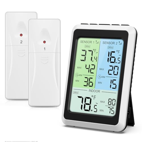 Ankilo Termómetro para frigorífico, funciones de alarma acústica, pantalla LCD a color de 4,5 pulgadas con 2 sensores inalámbricos para nevera/congelador disponible, ℃/℉, uso doméstico y restaurante