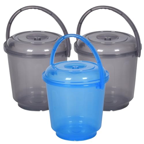 Heart Home Pack of 3 Bucket | Bathroom Bucket | Utility Bucket for Daily Use | Water Storage Bucket | Bathing Bucket with Handle & Lid | 13 LTR | SUPER-013 | Transparent | Blue & Gray