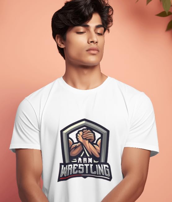 VASAL Dry Fit Arm Wrestling T-Shirt for Men & Women | Graphic Gym Tee | Breathable Sportswear for Training & Streetwear (in, Alpha, L, Regular) White 1