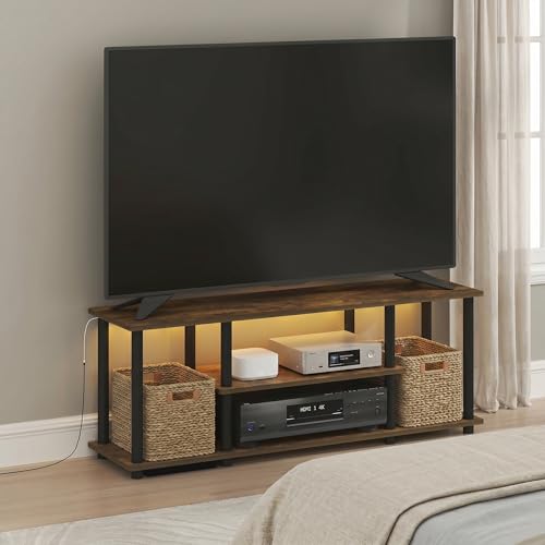 Image of Furinno Turn-N-Tube 3-Tier No Tools TV Stand with LED Lights, Amber Pine | for TV up to 50 Inch, Open Frame Entertainment Center, TV Console for Living Room, Bedroom