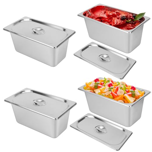 Image of 4 Pack, 1 /3 Size Stainless Steel Steam Table Pan with Lid, 6 Inch Depth Hotel Pans for Weddings, Parties, Restaurants, Cafeterias and Hotels