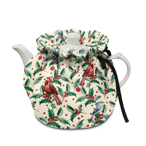 Image of Christmas Cardinal Thorn Bird Tea Pot Cozies, Machine Washable Fabric Kitchen Teapot Dust Cover Breakfast Warmer Insulation and Keep Warm, Home Christmas Decor