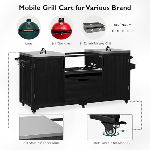 Image of Merax 66.5 inch Outdoor Kitchen Island for Big Green Egg Grills, Solid Wood Outdoor Grill Cart for Tabletop Grill with Stainless Steel Top, Drawer, Compatible with Kamado Joe,Black