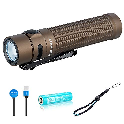 OLIGHT Warrior Mini Tactical Rechargeable Flashlight, Max 1500 Lumens 190m Throw Powerful Dual Switch LED Torch with 3500mAh 18650 Battery for Household Search, Hunting and Rescue (Desert Tan)
