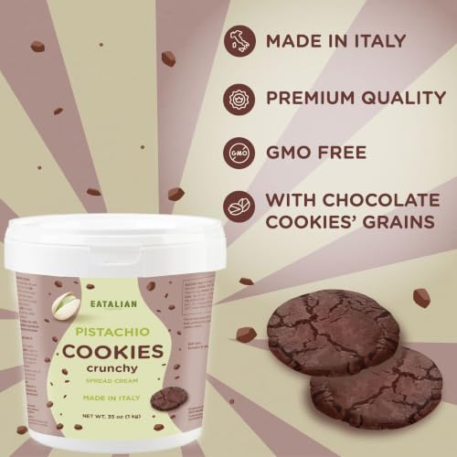 Image of EATALIAN by AMZ BETTER Pistachio Cream with Sweet Crunchy Cookies, 35.02 oz /1000 gr, Delicious Spread with a Uniquely Sweet Taste, Ideal on Bread, Excellent for Dubai Chocolate, Made in Italy
