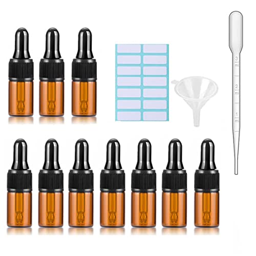 Botellas de cuentagotas de vidrio ámbar con tapas negras, pipeta medida, embudo y etiquetas, botellas de vidrio de 2 ml para aceites esenciales, recargables, 10 unidades