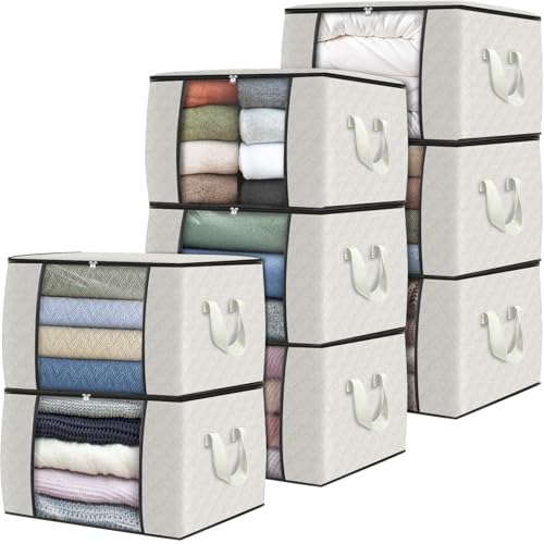 Image of Fab totes 8 Pack Clothes Storage, Foldable Thick Fabric Blanket Storage Bags, Containers for Organizing Bedroom, Closet, Clothing, Comforter, Organization with Handle,Ivory White