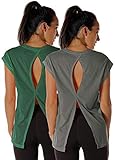 icyzone Open Back Workout Top Shirts - Yoga t-Shirts Activewear Exercise Tops for Women(Pack of 2) (S, Charcoal/Army)