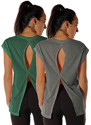 icyzone Open Back Workout Top Shirts - Yoga t-Shirts Activewear Exercise Tops for Women(Pack of 2) (M, Charcoal Army)