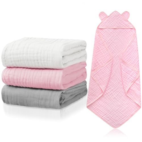 Image of Preboun 3 Pcs Muslin Baby Hooded Towels Cotton Absorbent 6 Layers Cute Bath Toddler Towels for Newborn Kids Girl Infant Boys Toddler Shower Gift Supplies (Grey,Pink,White)