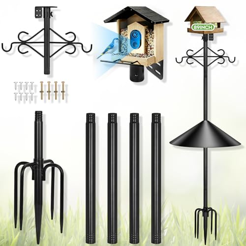 Gbekery 89 inch Double Hooks Heavy Duty Bird Feeder Pole with Squirrel Baffle for Outdoors,5-Prong Base Adjustable Bird House Pole for Smart Camera Birdfeeder,Bluebird House