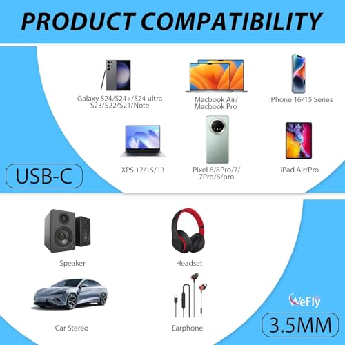 Image of Wefly 2 in 1 Type C to 3.5mm AUX /C to C, Audio Jack Connector with DAC Headphone Converter, Works with iPh.one 15+ Series Gal.axy S23 /S22 /S21 & Other Type C Phones & Laptops