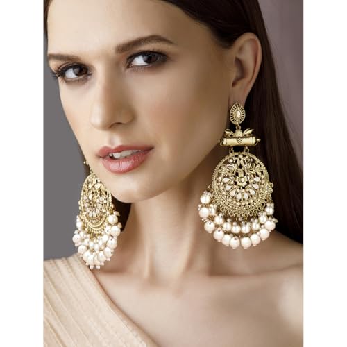 Image of Rubans Chandbali Earrings Kundan Pearl Beads Traditional Wedding Jewellery for Women & Girls