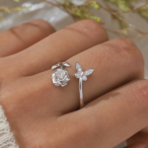 JJewmon Butterfly Rose Birthstone Ring for Women 925 Sterling Silver Butterfly Birth Stone Ring Birhstone Rose Ring Flower Elegant Promise Band Ring Butterfly Birthstone Jewelry Gifts for Her2