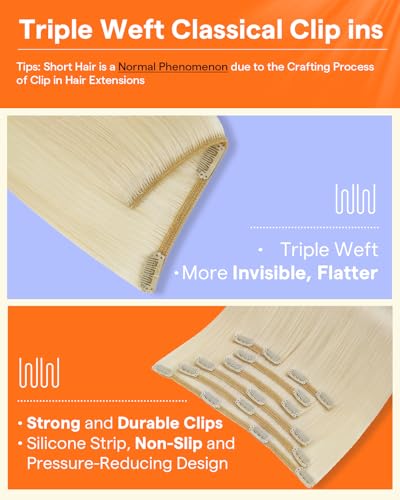 Image of Full Shine Blonde Human Hair Extensions Clip ins Platinum Blonde | Clip in Hair Extensions for Thin Hair, for DIY, for Dying, 10 Inch 7 Pcs 95g