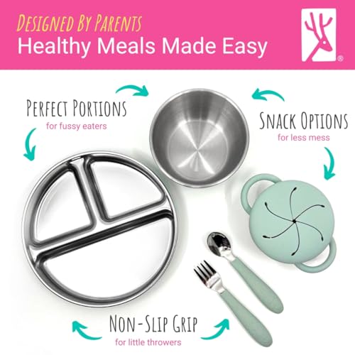 Image of Elk and Friends Kids Stainless Steel Mealtime Bundle | Plates, Bowls, Snack Cups + Toddler Utensils | Silicone Sleeves + Travel Storage Lids | For Meals + Snacks | Dishwasher Safe