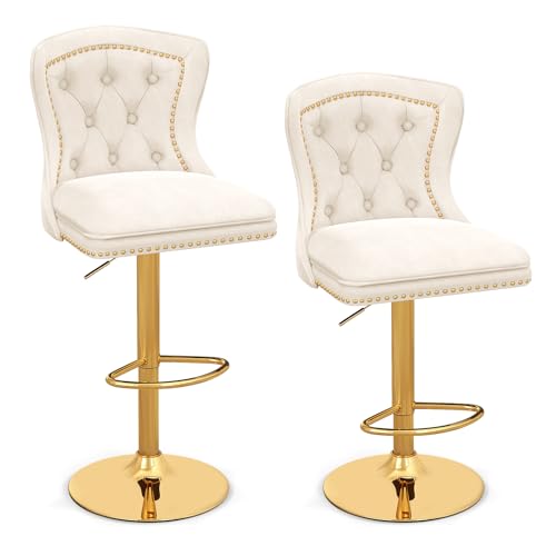 RELAX4LIFE Juego de 2 taburetes de terciopelo, altura regulable y giratorio 360°, silla de bar con respaldo Chesterfield, reposapiés y mango de anillo, taburete para cocina, bar, cafetería,