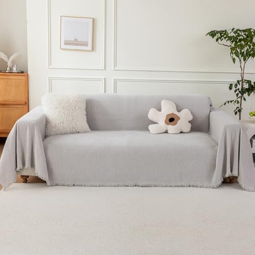 Couch Cover for Pets Sectional Non Slip Sofa Cover for 2 Cushion Couch Washable Chenille Sofa Throws with Tassel Furniture Protector Pet Friendly, Light Grey, 71''x102''