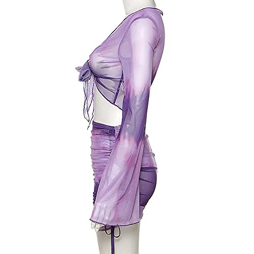 Image of Women's Sexy Long Sleeve 2 Pieces Sheer Mesh Cover Up Dress Crop Top Bodycon Ruched Y2K Mini Skirt Sets