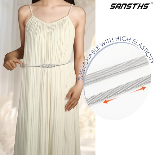 SANSTHS Womens Elastic Thin Metal Waist Belt, Stretch Chain Belt for Dresses, Skinny Rhinestone Adjustable Waistband4