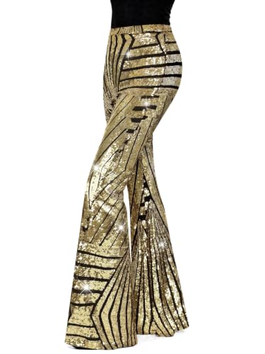 NTAWYT Women's 70s Disco High Waist Bell Bottom Sparkly Pants Gold