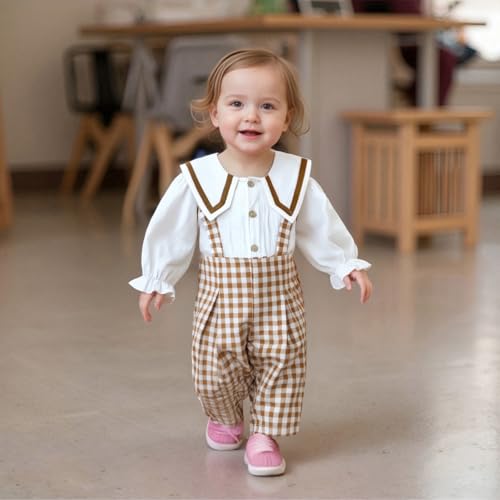 Newborn Baby Girl Clothes Button Linen Button Long Sleeve Romper Plaid Overall Pants Fall Winter Baby Girl Outfit2