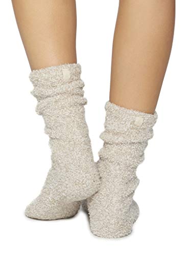 Barefoot Dreams CozyChic Women Heathered Socks, Crew Socks, Plush Socks, Loungewear, Warm Toes, Fuzzy Socks- Stone/White-Oyster/White (Set of 2)