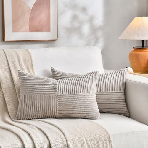 Image of Fancy Homi 2 Packs Neutral Taupe Lumbar Decorative Throw Pillow Covers 16x26 Inch for Living Room Couch Bed Sofa, Farmhouse Home Decor, Soft Striped Corduroy Rectangle Accent Cushion Case 65x40 cm