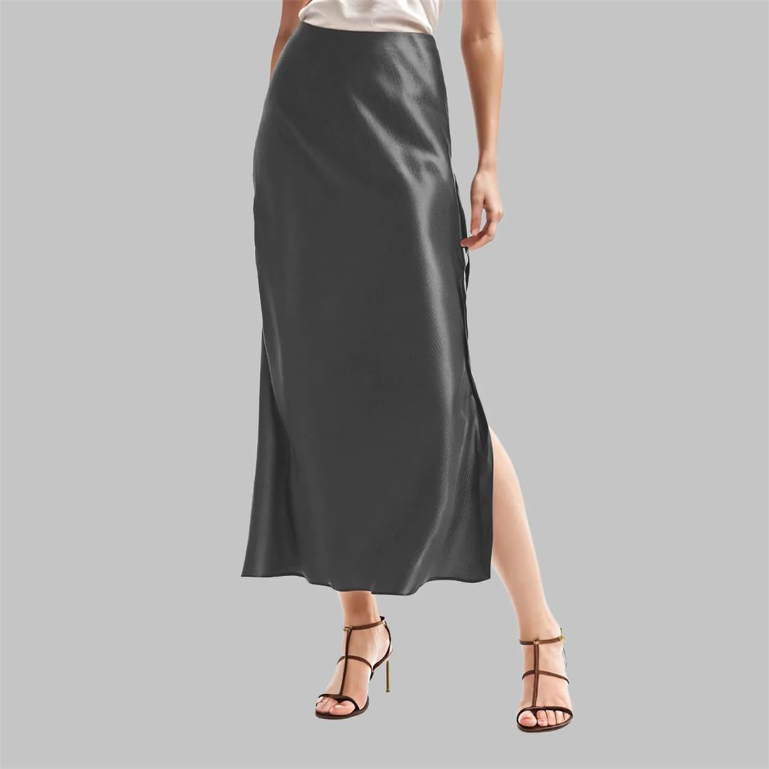 Jupes en satin taille haute solide taille élastique jupe femme fente latérale jupe en satin vintage