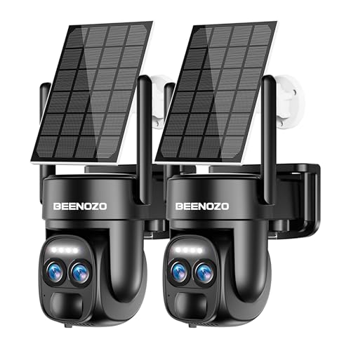 BEENOZO Câmara de vigilância Wi-Fi exterior solar, 4K 360° PTZ, câmaras de segurança doméstica sem cabos com aplicação, cor visão noturna, sereia, rastreamento automático, áudio bidirecional, 2 peças