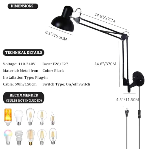 Image of Black Industrial Swing Arm Wall Light Nordic Adjustable Long Arm Wall Sconces Lamp Metal Double-arms Folding Architect Work Wall Mount Lighting for Bedroom Reading Living Room