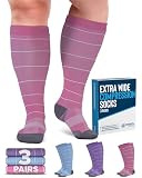 Doctor's Select® 3 Pairs Plus Size Compression Socks Wide Calf - Up to 6XL | 20-30 mmHg Compression Socks for Women Wide Calf| Blue, Pink, Purple (Stripes)