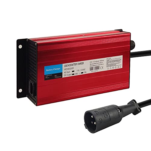 48 Volt 15 Amp for Club Car Golf Cart Battery Charger with 3 Pin Round Plug, Red Aluminum Shell