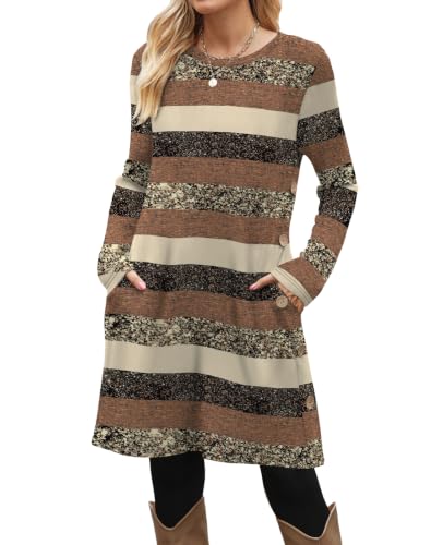 Image of OFEEFAN Fall Dresses for Women 2026 Crew Neck Long Sleeve Dress with Pockets