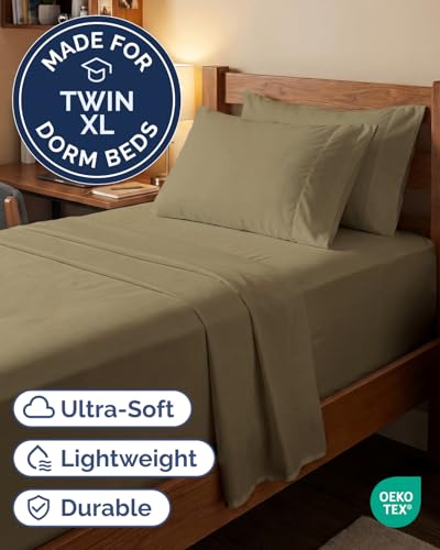Image of Extra Deep Twin XL Sheet Set - 4 Piece Breathable & Cooling Sheets - Khaki | Hotel Luxury Bed Sheets Set, Easy & Secure Fit, Ultra-Soft, Wrinkle & Fade Free, Comfy Sheets Set with Extra Deep Pockets