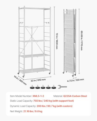 Image of VEVOR 5-Tier Foldable Storage Shelf, 32W x 14D x 72H Inch Folding Metal Rack Shelving Unit, Heavy Duty No Assembly Organizer Shelf with 5 Wheels & 4 Hooks for Pantry, Kitchen, Garage, Basement, White