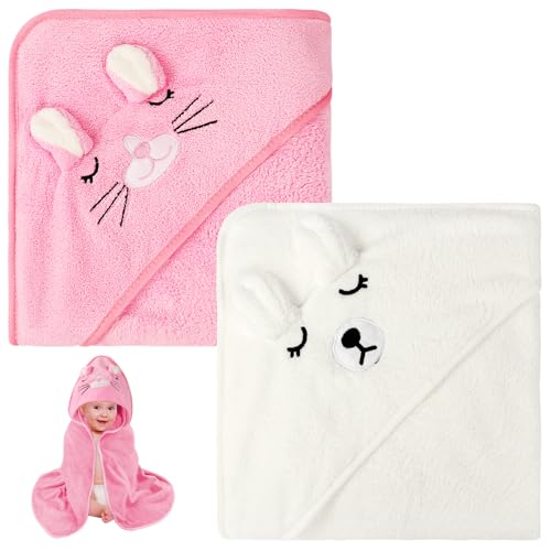 Aolso Toalla de Bebé con Capucha, 2 Toallas de Baño para Bebé con Capucha, 80 x 80 cm, Toallas Suaves y Absorbentes con Capucha para Niños Recién Nacidos y Bebés (Blanco/Rosa)
