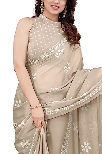 MIRCHI FASHION Women's Latest Chiffon Batik Printed Saree with Blouse Piece, Beige, Off White, Free Size