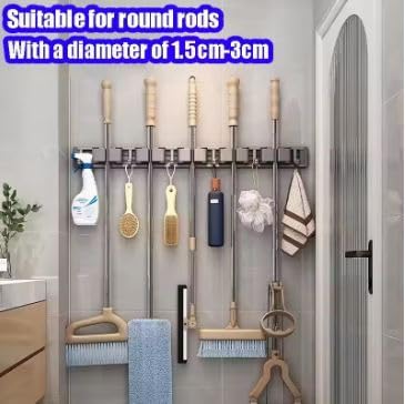 Image of STAR WORK Heavy-Duty Space Aluminum Wall Mop & Broom Holder, Waterproof Organizer with Dual Non-Slip Grips and Utility Hooks, No-Drill Adhesive Mount for Kitchen, Bathroom.(5 MOP HOLDER 6 HOOKS)