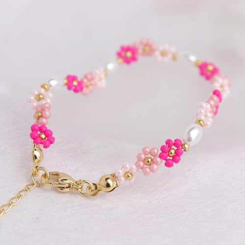 Colorful Daisy Flower Beaded Bracelets for Women, Cute Handmade Floral Gold Beads Adjustable Bracelet Spring Boho Jewelry Gift4