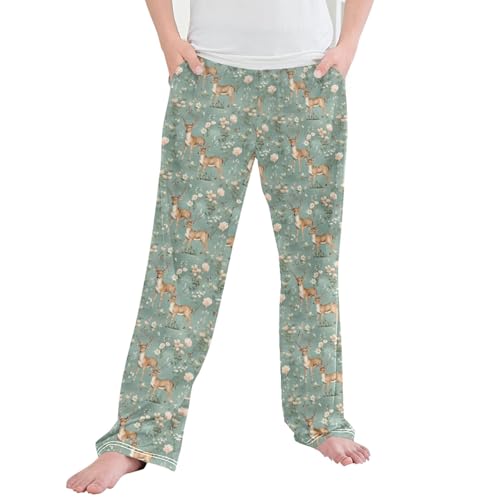 Woodland Deer Long Pajama Pants Elastic Waist PJ Bottoms with Pockets S A111911